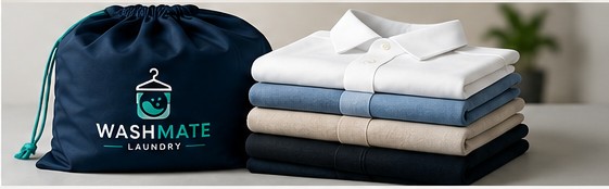 Freshly pressed shirts folded in a neat stack beside a Washmate collection bag